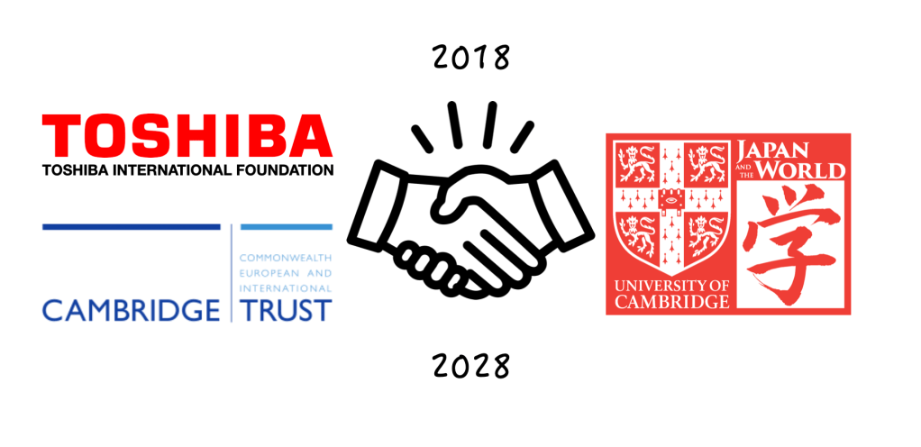 Image showing Toshiba logo and Cambridge Trust logo on the left, with Japan and the World logo right. in the middle an image of shaking hands with 2018 - 2028 above and below.